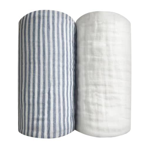 Blue Striped Muslin Baby Blanket, Ultra Soft Cotton Swaddle 43x43 in | Jacquard Breathable For Babies and Toddlers Boys Newborn White