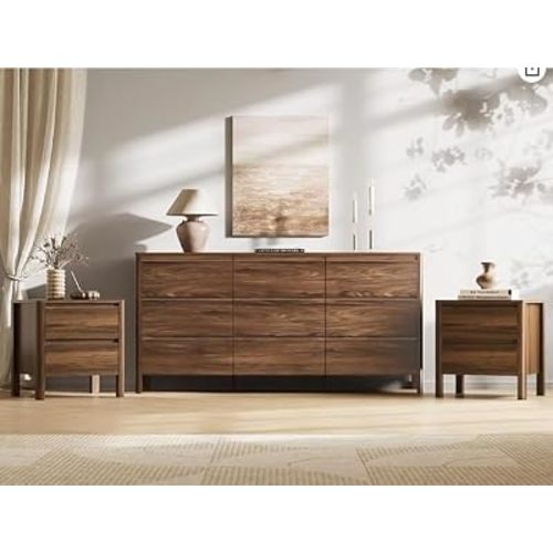 MAISONARIA Walnut 3-Piece Dresser Bedroom Set, 9 Drawers Dresser & 2 Drawer Nightstands with Hidden Handles, Wood Chest of Drawers for Bedroom, Living Room, Entryway