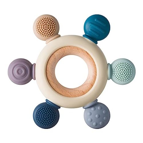 Baby Teething Toys Silicone Teethers BPA Free Silicone Rudder with Wooden Ring Soothe Babies Gums (Khaki)