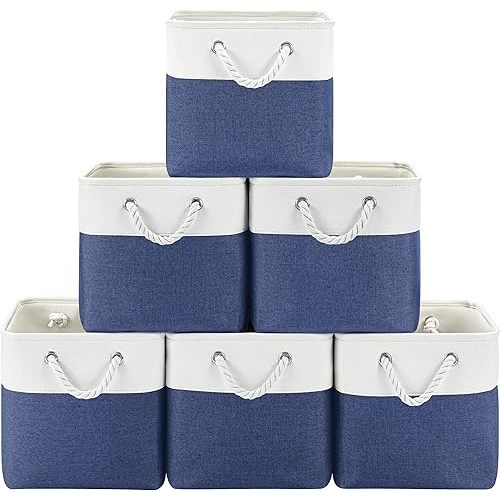 11x11 Cube Storage Bins, 6 Pack Foldable Fabric Organizer Bins with Rope Handles, Storage Cubes for Bedroom, Living Room, Clothes and Toys, Shelves and Closet (White & Blue)