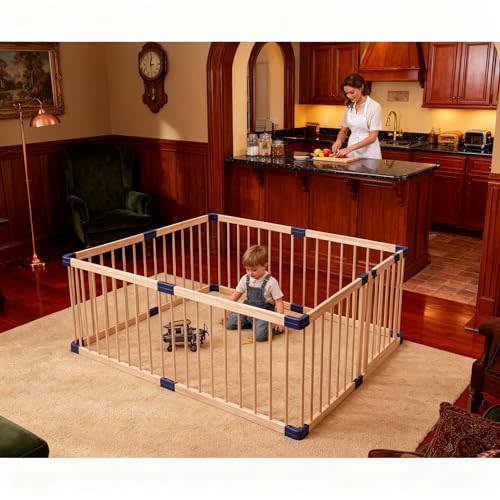 Kids Play Fence with Door,Wood Playpen Baby Safety Play Center Yard, Safe Play Area Indoor Kids Safety Activity Center Playard w/Locking Gate, Without Mat