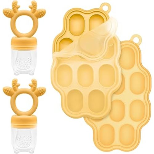 Baby Fruit Feeder and Breastmilk Popsicle Molds for Teething Relief, BPA Free Silicone Baby Food Teether Feeder Pacifier & Mini Freezer Tray with lid Teething Toys (2 Pack)