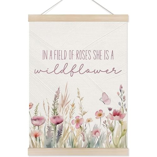 Koesus Girls Nursery Wall Art Poster Hanger Frame 12x16 Inch, Rustic in a Field of Roses She Is a Wildflower Canvas Pictures Prints Framed Wall Decor for Toddler Girls Bedroom Nursery Playroom