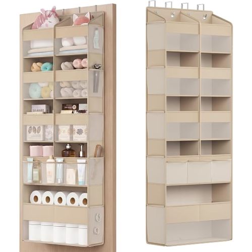 SONGMICS Over-the-Door Organizer, 9-Compartment Door Hanging Storage Shelf, Foldable Closet Hanging Organizer, Heavy-Duty, Metal Hooks, Transparent, Summer Sand URDH009LF01