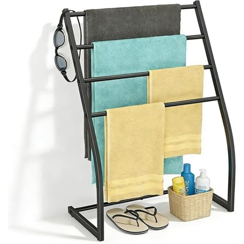 Honiter Towel Drying Rack for Bathroom, Free Standing Towel Rack, 4 Tier Wide Towel Dryer Rack, Pool Towel Racks Outdoor, Blanket Ladder Holder, Metal Towel Bar Stand for Oversized Bath Towel