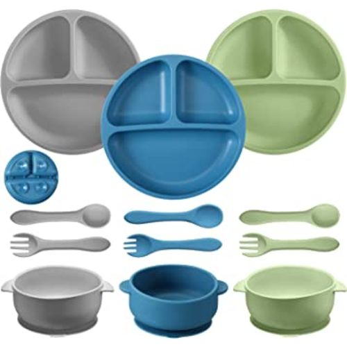 CHENGU 12 Pcs Silicone Bowl with Suction Set for Baby Toddler with Suction Plate, Spoon and Fork, Divided Design Baby Feeding Utensils Weaning Kit, Dishwasher and Microwave Safe