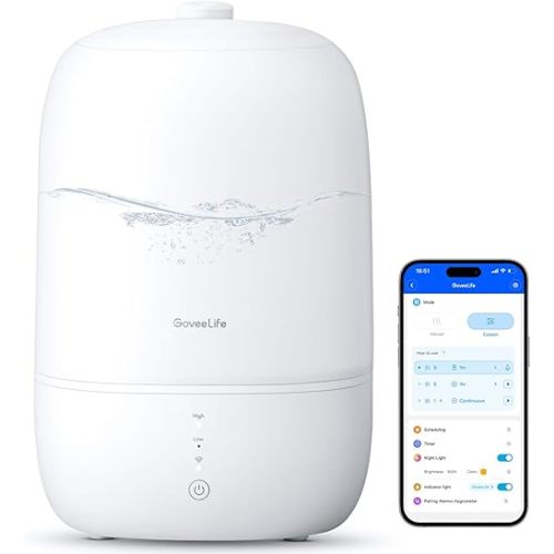 GoveeLife Smart 3L Humidifiers for Bedroom, Top Fill Cool Mist with Essential Oil Diffuser, Humidity Control, WiFi Air Humidifier with Night Light, 360° Nozzle, for Baby, Plants, Home, Work with Alexa