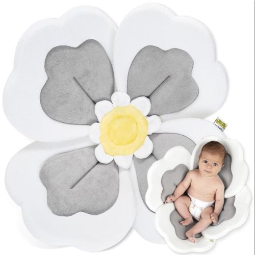 ORGANIC Baby Bath Flower Sink Cushion Travel Set -Bamboo & Cotton Towel material- Soft Gray Flower for Infant Bathtime