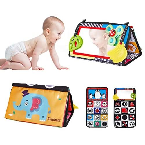 Tummy Time Floor Mirror, Baby Floor Mirror with Spinning Toy, Soft Crinkle Activity Book and Teether, Infant Mirror Tummy Time Toys, Developmental Montessori Sensory Crawling Toy Gifts for Newborn