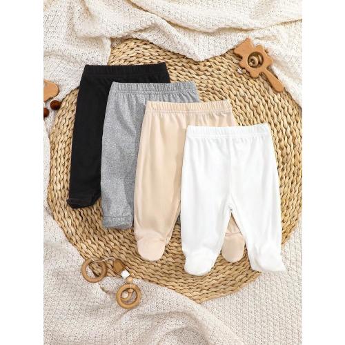SHEIN 4pcs/Pack Newborn Baby Girls Solid Color White, Pink, Black, Gray Footie Leggings - Soft, Stretchy Ribbed Knit Fabric, Comfortable Fit, Suitable For All Seasons, Cute & Simple, Easy To Wear, High Cost-Effective, Suitable For Home, Outings, Vacation,