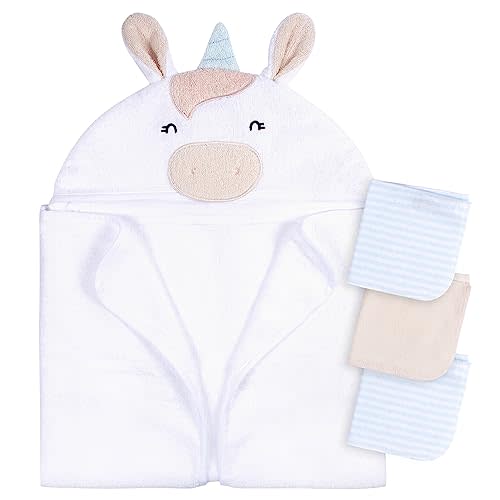 Gerber Baby 4 Piece Animal Character Hooded Towel and Washcloth Set, White Unicorn, One Size