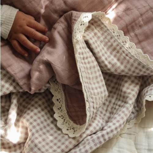 Mauve Solids + Gingham QUILTED 6 Layer Gauze Blanket