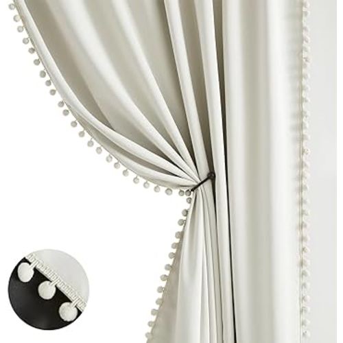 Natural Blackout Curtains for Bedroom Living Room 84inch Long Iovry/Beige Pom Pom Curtain Panels for Windows Thermal Insulated Curtains for Kids Nursery Room Rod Pocket 52" W x 2pcs