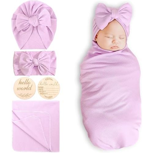 DRESHOW BQUBO Baby Girl Newborn Receiving Blankets with Bow Hat Headband Wooden Birth Announcement Card Set Newborn Baby Swaddle Wrap Set Warm Shower Gift
