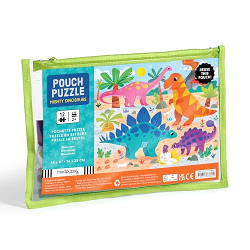 Mudpuppy Mighty Dinosaurs 12 Piece Puzzle with Reusable Zipper Pouch Featuring Colorful and Fun Illustrations of Prehistoric Dinosaurs Perfect for Easy Storage and Travel
