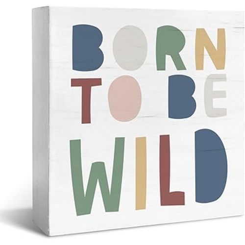 JXREQ Born to Be Wild Sign Desk Decor, Classroom Kids Room Decor, Boys Room Decor Wood Box Sign, Kids Bedoom Playroom Bedroom Nursery Decorations, 5x5 Inch