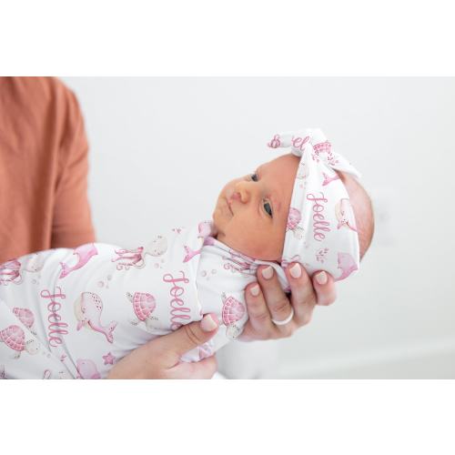 Under the Sea Swaddle Set- Baby Girl Swaddle Blanket with Ocean Creatures - Hospital outfit - Newborn photos- Pink Sea Turtle Blanket - S317