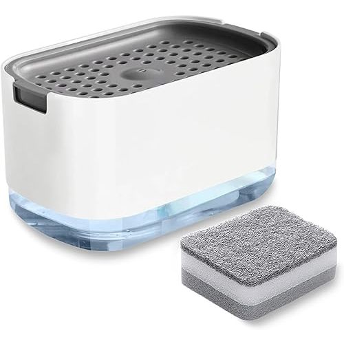 Dish Soap Dispenser and Sponge Support, Sink Soap Pump Dispenser, Liquid Soap Dispenser, Kitchen Detergent Press Box, Suitable for Kitchens, Bathrooms and Sinks (White)