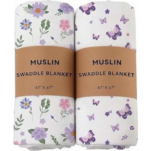 2 Pack Pink Bow Muslin Swaddle Blankets 100% Cotton Breathable Receiving Blankets Newborn Essentials for Baby Girl Soft and Large 47 x 47 Inches (Purple)