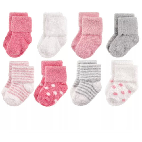 Hudson Baby Infant Girl Cotton Rich Newborn and Terry Socks, Dots Stripes