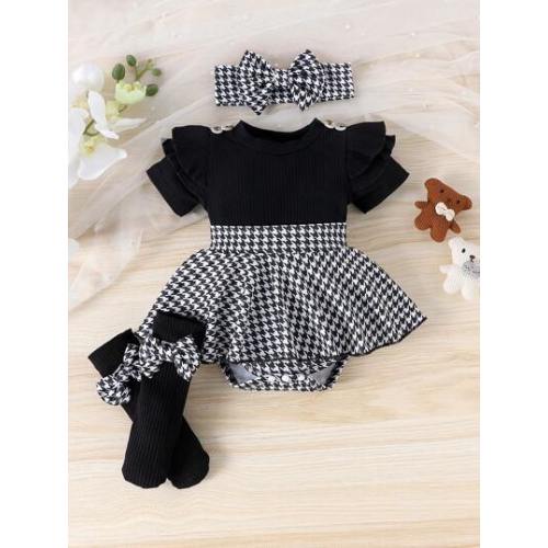1pc Baby Girl Cute Comfortable Short Sleeve Ribbed Patchwork Romper With Leg Warmers And Headband, Thin Summer | SHEIN USA