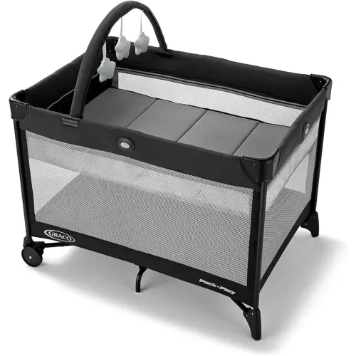 Graco On The Go Zip Pack ‘n Play Playard, Folding Playpen with Bassinet, Portable Crib, Reeves