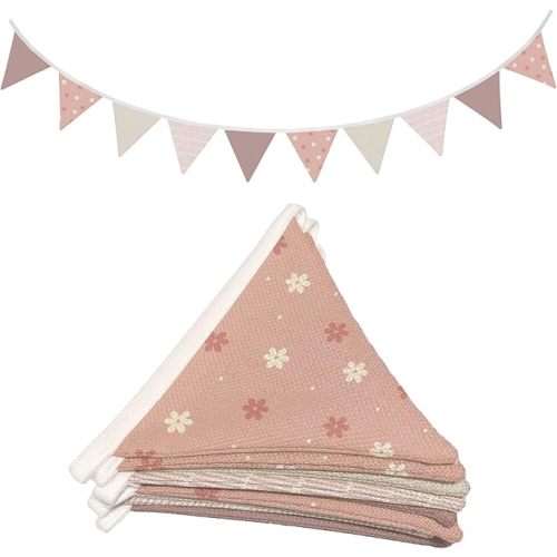 Nursery Wall Art Decor,Girls Decor for Toddler Nursery Playroom, Wildflower Checkered Garland Triangle Banners,Boho Flags 11Ft Bunting Flags Fabric for Baby Shower Birthday Party