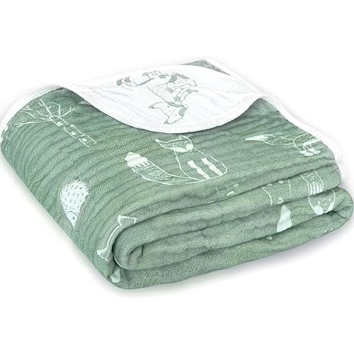 BOPRIO Muslin Baby Blankets for Baby Infant Toddler, 70% Cotton and 30% Rayon with Animal Design Super Soft and Lightweight Nursery Blankets 43 x 43 Inch (Sage Green Fox)