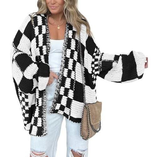 BTFBM Casual Cardigan Sweater for Women Fall 2026 Long Sleeve Open Front Chunky Knit Sweaters Checkered Outwear Coat