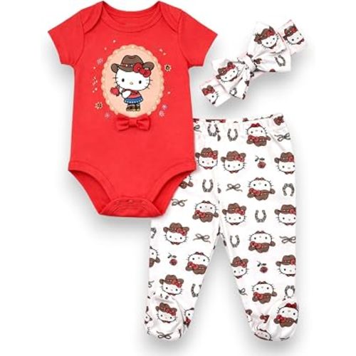 Hello Kitty Baby Girls 3-Piece Footie Set, Short Sleeve Onesie Bodysuit, Footed Pants - Red NB