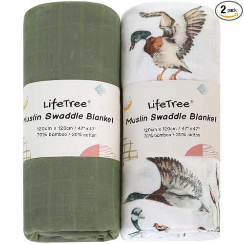 LifeTree Muslin Swaddle Blankets, Baby Swaddling Wrap Nursery Receiving Blanket for Boys & Girls, 70% Viscose from Bamboo and 30% Cotton, Large 47 x 47 inches Mallard Duck/Olive Green
