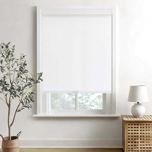 AOSKY Cordless Blackout Roller Shades, Free-Stop Natural Woven Window Blinds Thermal Insulated UV Protection for Home and Office, 20"W x 72"H, White