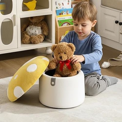 Mushroom Toddler Chair Comfy Chenille Kids Reading Chairs, Wooden Children Stool, No Assembly Kid Desk Chair, Cute Storage Ottoman for Kids Bedroom Furniture/Playroom/Boys Girls Gifts, Yellow