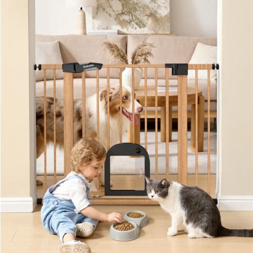 CatPrivilege T7 | Expandable Stylish Baby Gate with Cat Door - Wood Pattern