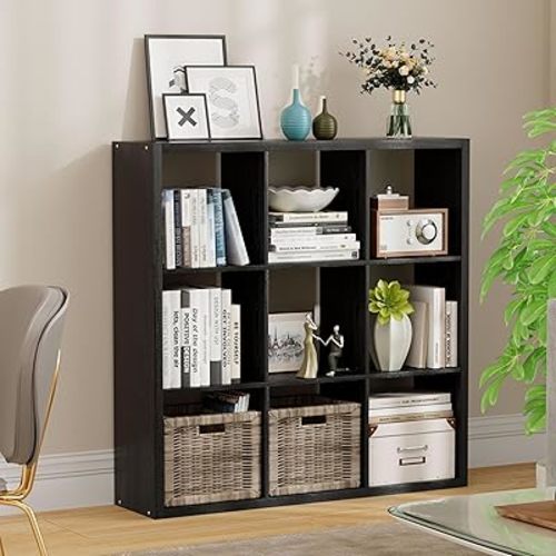 9-Cube Storage Organizer, Wooden Cube Shelf Bookcase with Reinforced Thick Shelves, Heavy-Duty 36.93" L x 9.37" W x 36.93" H, for Living Room Bedroom Home Office, Black