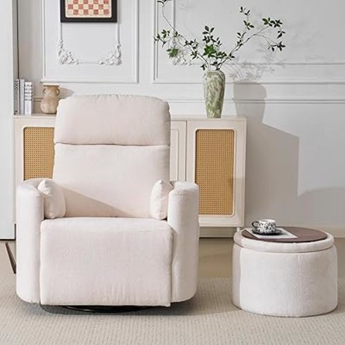 Oversized Swivel Rocker Recliner Chair with Massage and Heat, Manual Swivel Glider Rocker Recliner with 2 Bolster Pillows, Rocking Nursery Chair with Storage Ottoman , Adjustable Headrest, White