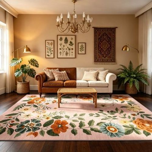 Garvee 6x9 Vintage Floral Rug Machine Washable Low Pile Non-Slip Mat for Dining Room Nursery Indoor Area Rug, Pink