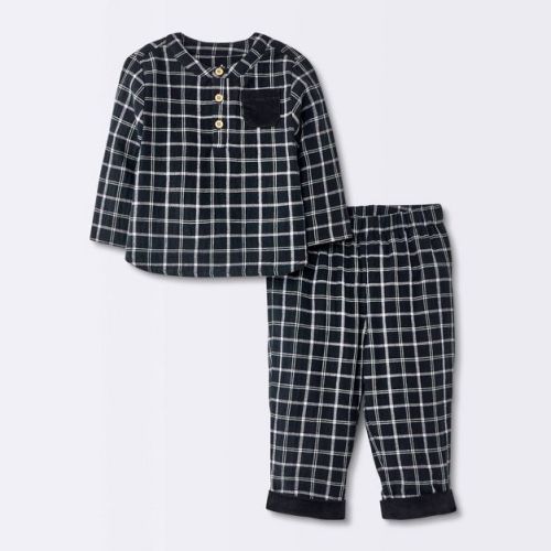 Baby Boys' Plaid Pocket Long Sleeve and Pants Set - Cloud Island™ Black 0-3M