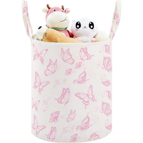 TECHMILLY Large Storage Basket for Girls and Boys, Collapsible Laundry Hamper with Long Handles, Toy Bins for Nursery, Kids Room Décor (Pink Butterfly)