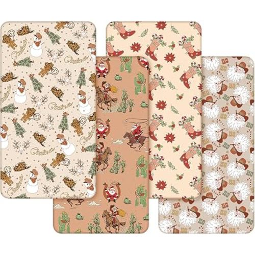 Vitalcozy 4 Pcs Western Christmas Crib Sheet for Standard Nursery Decor
