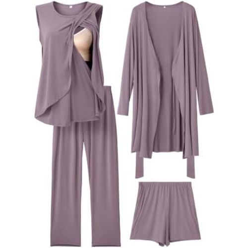 Rnxrbb 4 PCS All-Season Nursing Pajamas Robe Set Maternity Postpartum Pjs