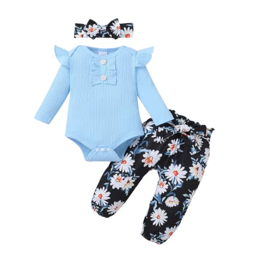 Newborn Baby Girls Clothes Ribbed Ruffled Romper+Floral Pants+Headband Infant Outfit Set