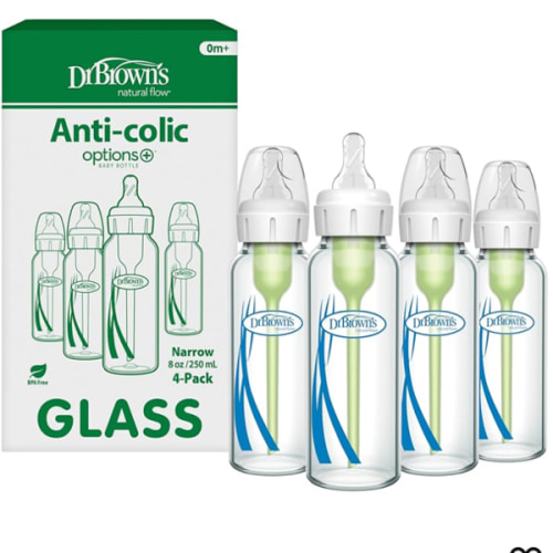 Dr. Brown's Natural Flow Anti-Colic Options+ Narrow Glass Baby Bottle 8 oz/250 mL, with Level 1 Slow Flow Nipple, 4 Pack, 0m+