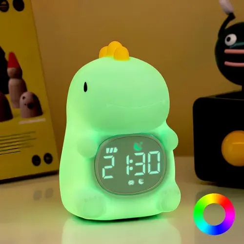 Dinosaurs Alarm Clock with Night Light for Kids with Sleep Training and Sound Machine, Rechargeable Silicone Lamp OK to Wake Clock,Cute Animal Tabletop Lamp, Perfect Sleep Companion for Boys Girls