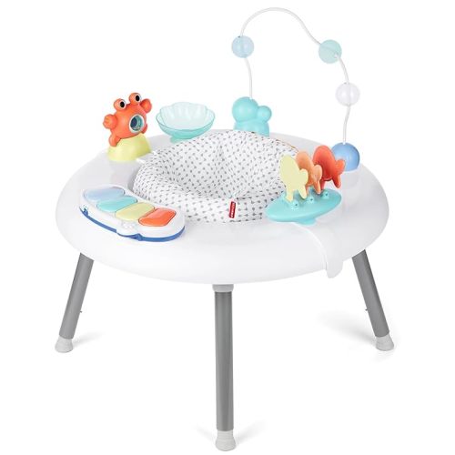 Skip Hop 2-in-1 Baby Activity Center with 20+ Developmental Activities Light-up Musical Piano for Tummy Time Play 4 Clip-on & Moveable Toys and 360-degree Rotating Seat Seascape Age 4m+