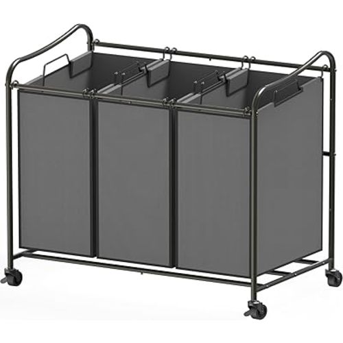 Simple Houseware Heavy Duty 3-Bag Laundry Sorter Rolling Cart, Dark Grey – Durable Triple Laundry Hamper with Removable Bags and Lockable Wheels for Efficient Laundry Organization