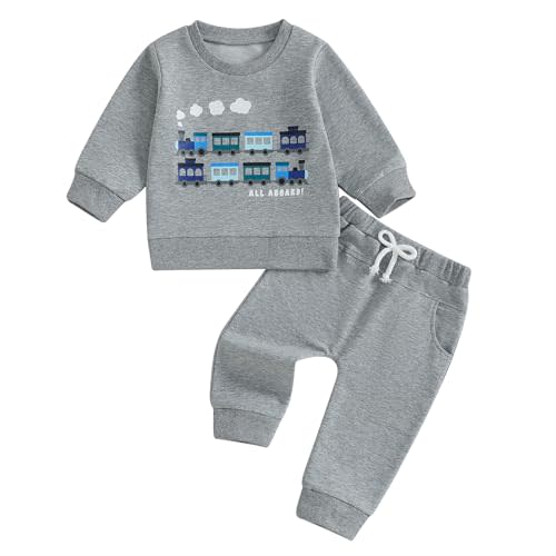 Fernvia Baby Boy Fall Winter Clothes Toddler Kids Solid Outfits Vehicle Long Sleeve Sweatshirt Tops + Joggers Pants Set