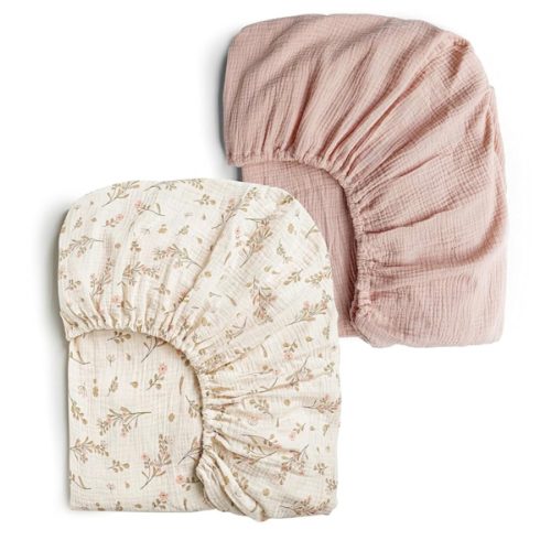 Konssy Muslin Crib Sheets for Girl Boy, 2 PCS Soft and Breathable Cotton Baby Sheets for Standard Crib Mattress, 52"x 28" (Floral, Pink)