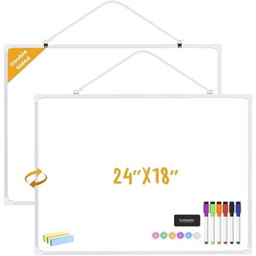Dry Erase Board for Wall, 24" x 18" Double-Sided Hanging Magnetic Whiteboard with 6 Markers, 6 Magnets and 3 Mini Sticky Notes, Large White Board for Kids, School, Home, Office
