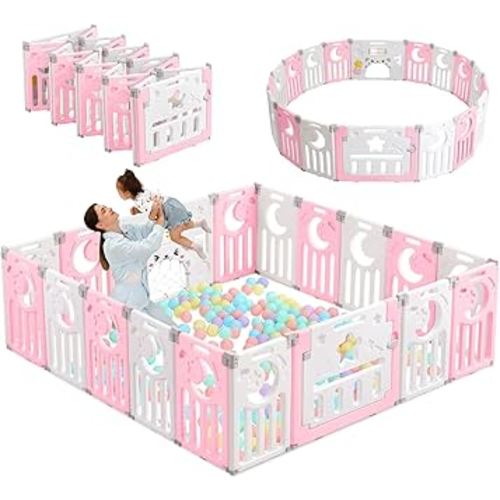 Baby Playpen, Dripex Baby Playard for Babies and Toddlers, 18-Panel Foldable Playpen Adjustable Portable Play Area, Indoor/Outdoor Kids Active Center with Game Panel & Safety Gate, Pink White